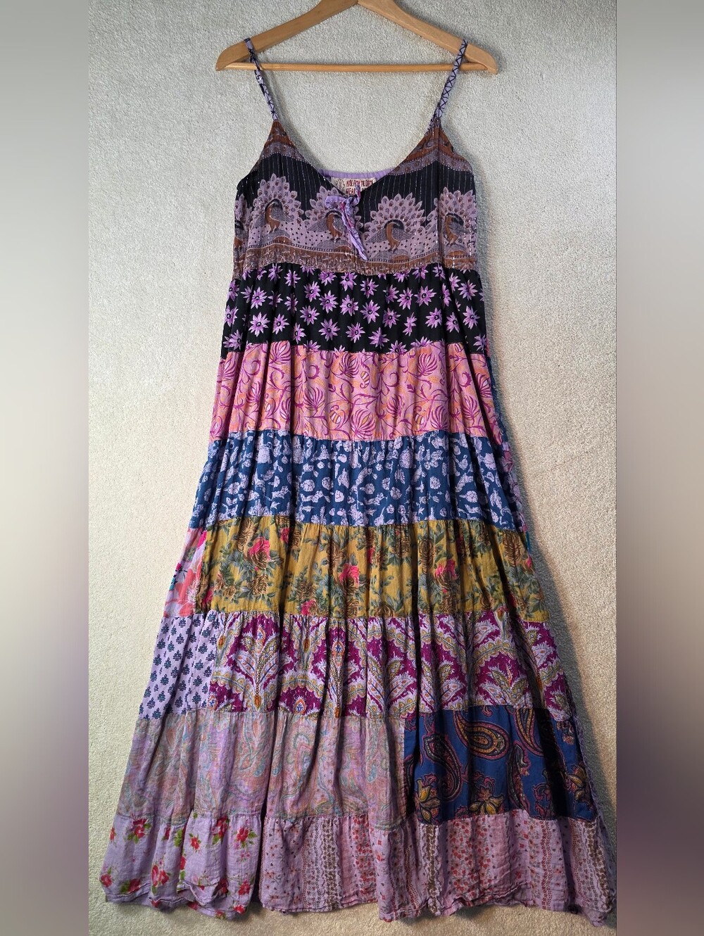 Tiered Floral Midi Dress Patchwork Spaghetti Straps Semi Sheer Boho Hippie M